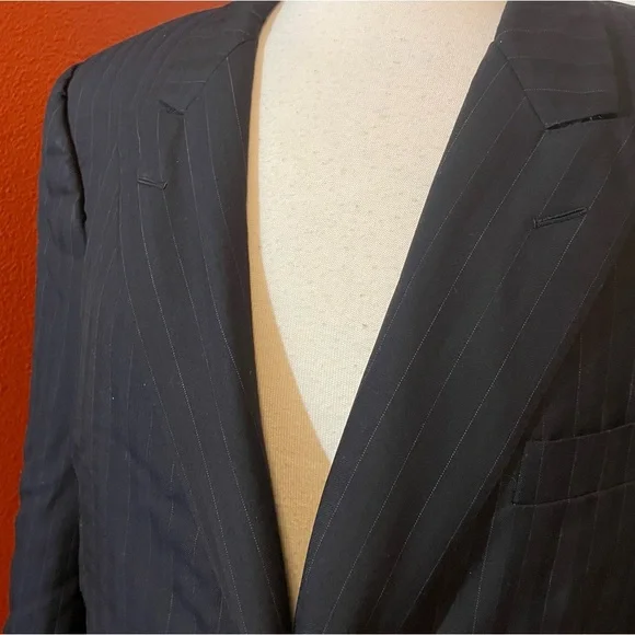 Belvest Men’s Navy 100% Wool Super 100 One Button Striped Blazer Sport Coat‎